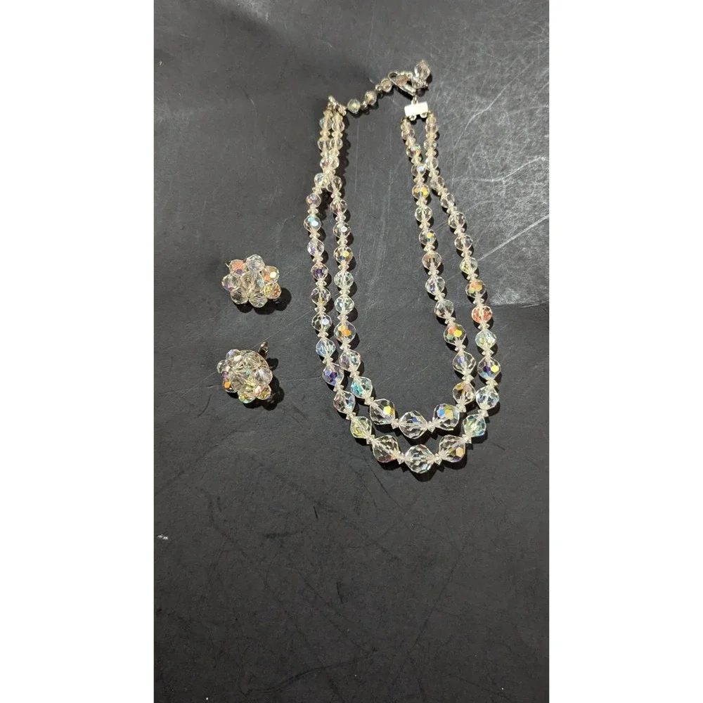 Vintage Aurora Borealis Crystal Necklace Clip-On Earring Set Double Strand Beads